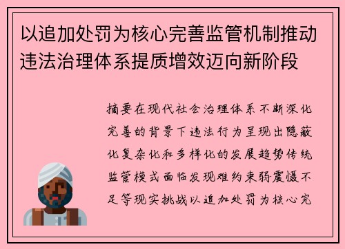 以追加处罚为核心完善监管机制推动违法治理体系提质增效迈向新阶段 以追加处罚为核心完善监管机制推动违法治理体系提质增效迈向新阶段